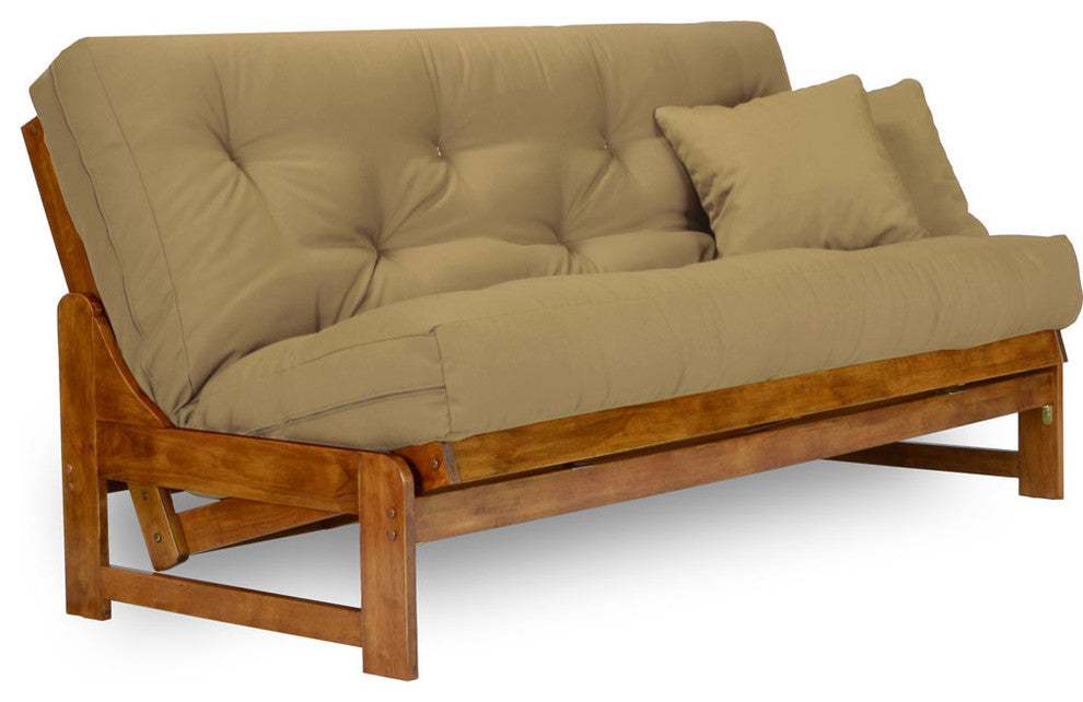 Arden Futon Set - Frame, 8" Mattress, Microfiber Sussex Khaki, Queen