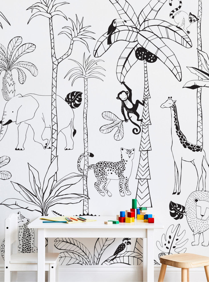 Safari Jungle Illustration Peel and Stick Vinyl Mural, Black, 24"x108", Single