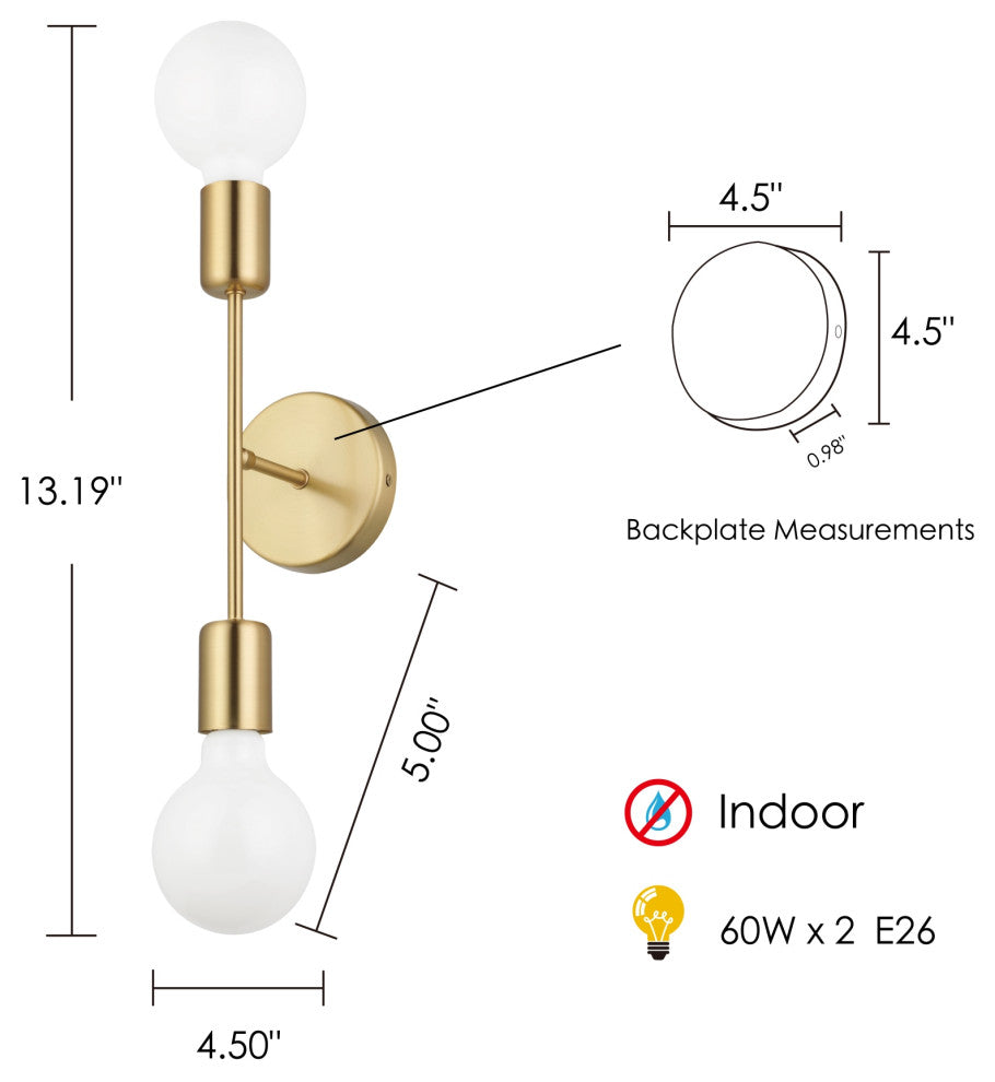 Avondale Open Bulb Wall Light, 2-60W E26 Bulbs, Brushed Gold