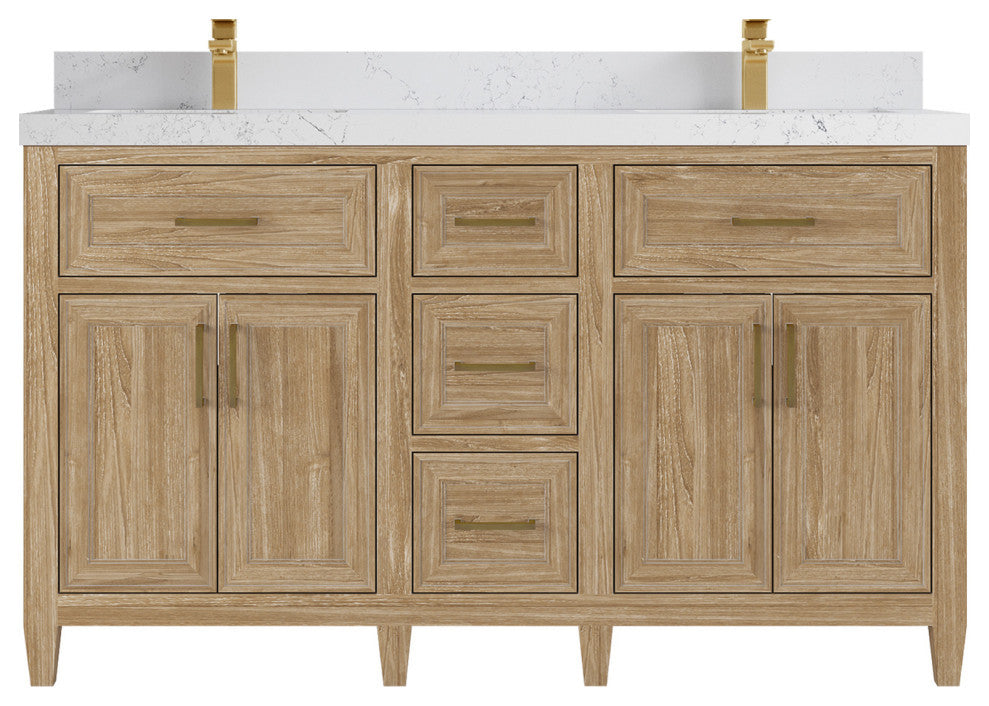Santa Monica 60 Double Sink Bathroom Vanity in Whitewashed Teak 2" Empira Quartz