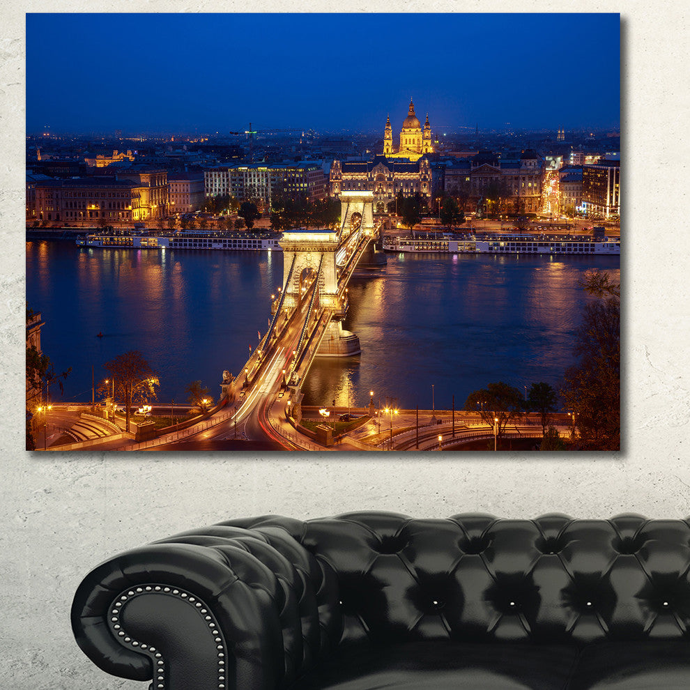 Illuminated Cain Bridge Budapest, Large Cityscape Canvas Art Print, 60x40