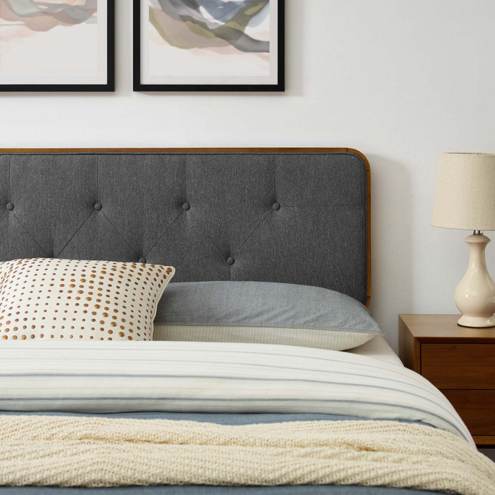 Platform Bed Frame, Queen Size, Fabric, Wood, Brown Walnut Gray, Modern