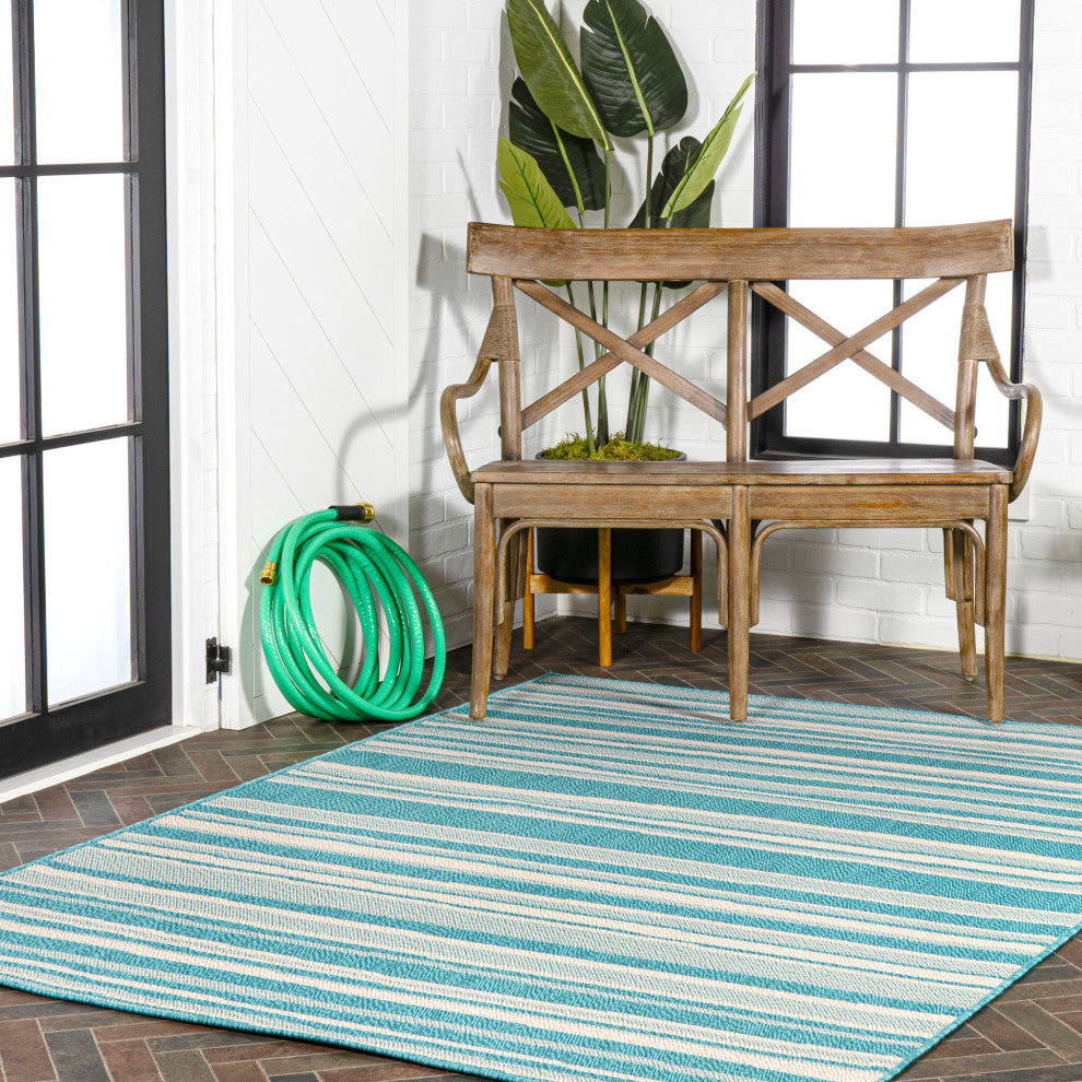 Castara Wavy Stripe Modern Indoor/Outdoor Area Rug, Aqua/Cream, 4x6
