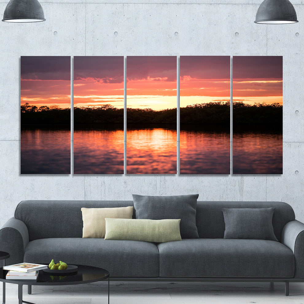 Sunset on Tropical Lagoon, Landscape Canvas Art Print, 60"x28", 5 Panels