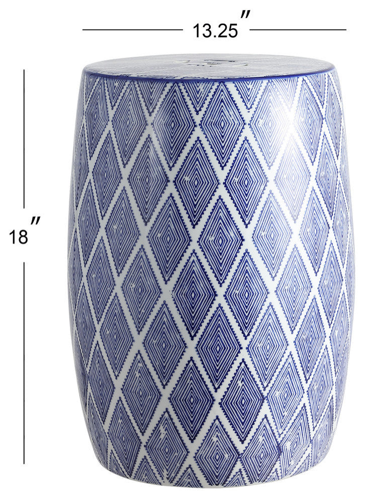 Moroccan Diamonds 18" Ceramic Drum Garden Stool, Blue and White