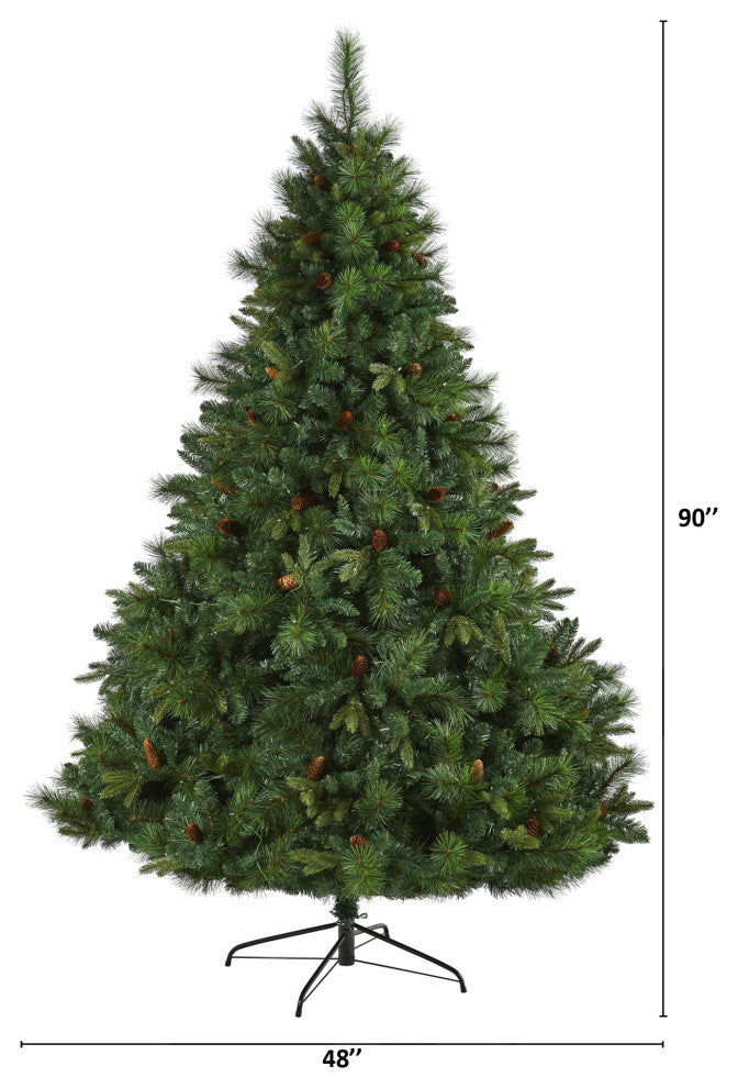 7.5' West Virginia Full Bodied Mixed Pine Faux Xmas Tree W/ Lights & Pinecones