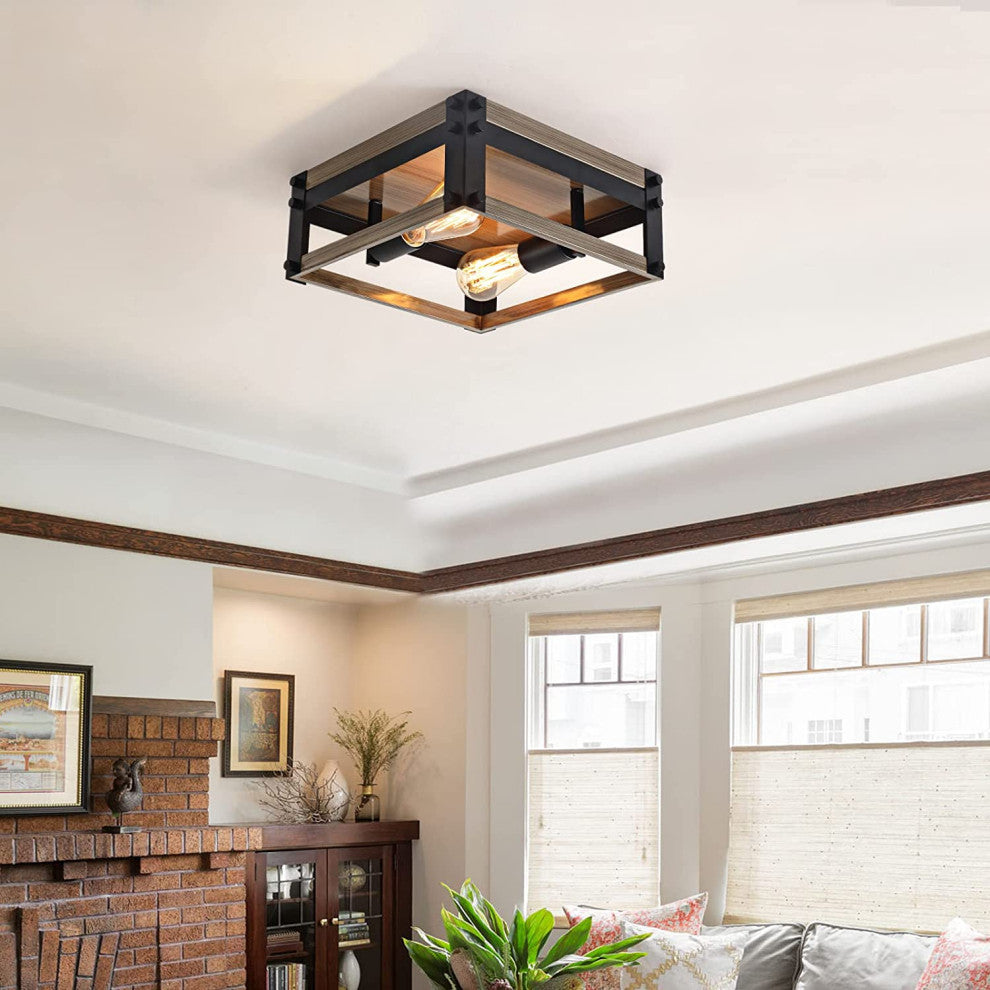 2 Light Flush Mount Ceiling Light Fixture Farmhouse Rust Black and Wood Ceiling
