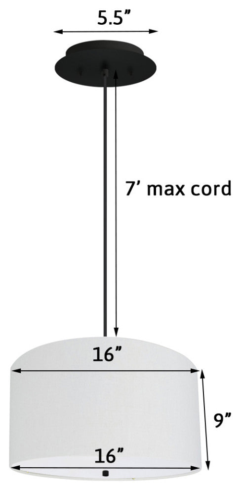 16" W 2 Light Pendant White Linen Drum Shade with Diffuser, Black Cord