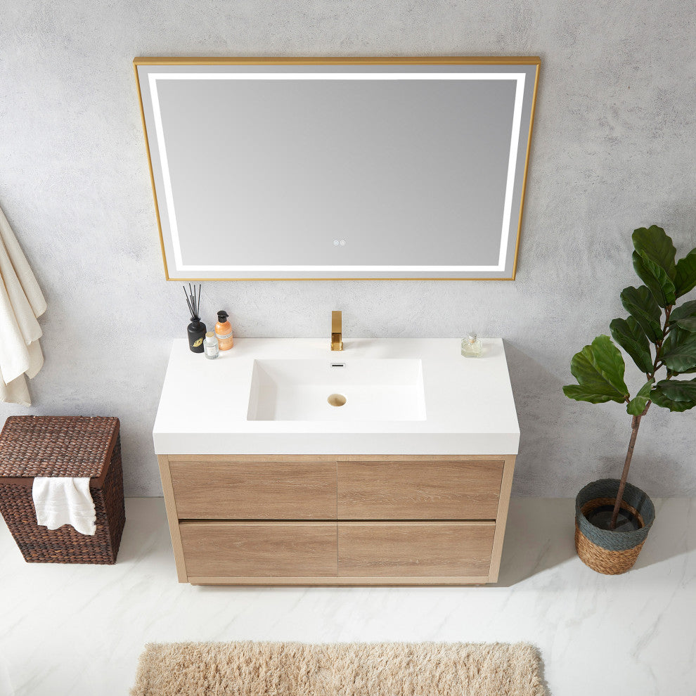 Huesca Bath Vanity, Integrated Sink Top, North American Oak, 48", With Mirror