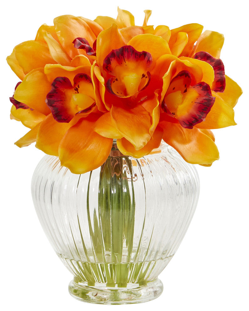 Cymbidium Orchid Artificial Arrangement in Glass Vase, Orange