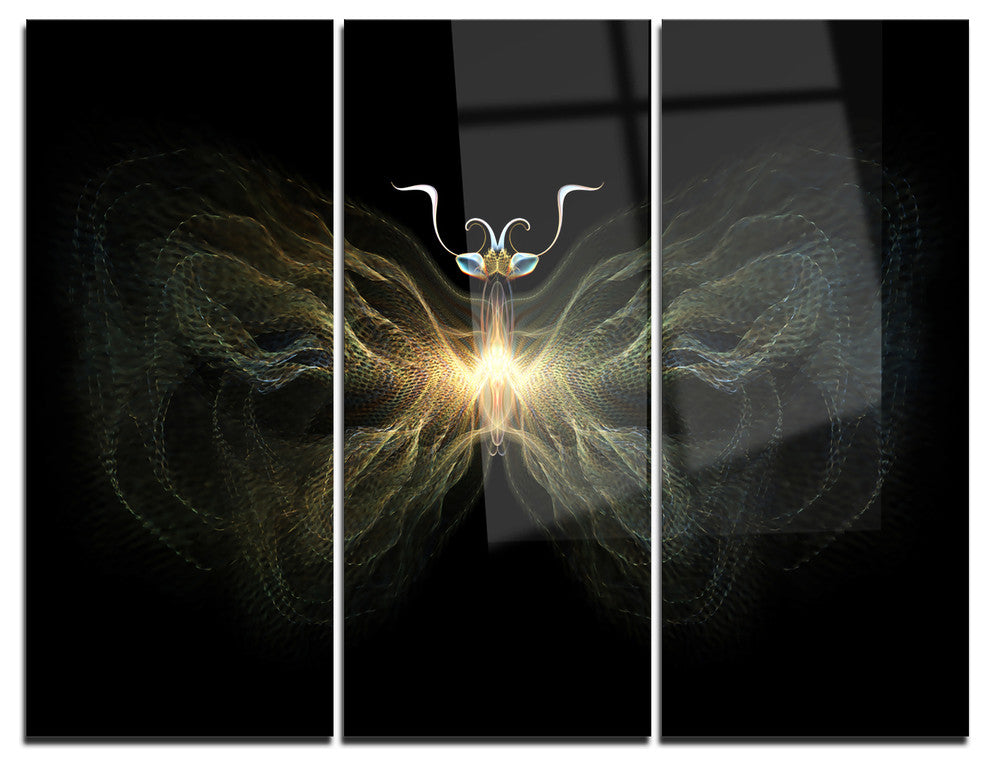 "Yellow Fractal Butterfly in Dark" Digital Metal Wall Art, 3 Panels, 36"x28"