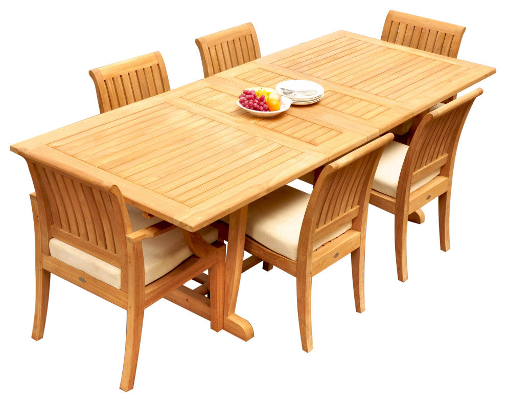 7-Piece Outdoor Teak Dining: 94" Masc Rectangle Extension Table, 6 Lagos Chairs