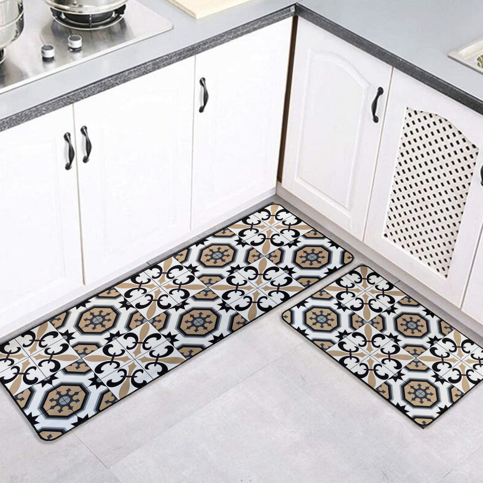 Carmen Printed Kitchen Runner Mat 47" x 20" White and Beige Tile Design