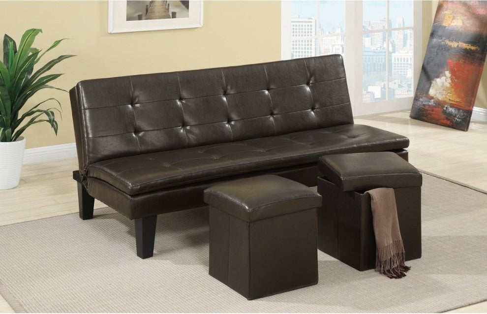 Faux Leather Adjustable Sofa With 2 Ottomans, Brown