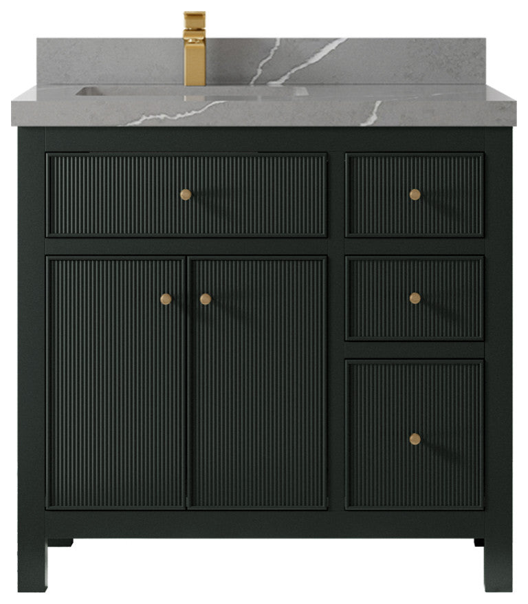 Sonoma 36 Left Offset Reeded Bath Vanity in Dark Forest Green 2" Piatra Gray
