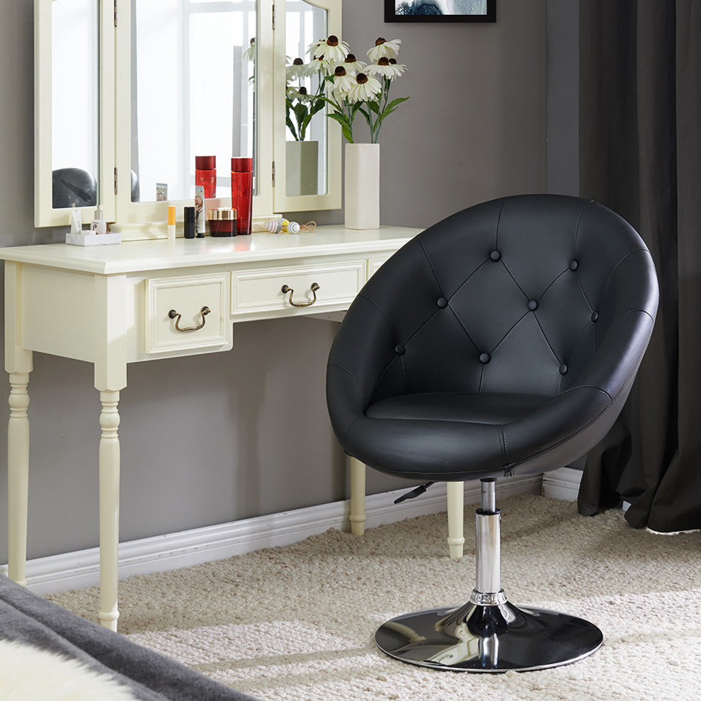 Button Tufted Swivel PU Leather Papasan Chair, Black