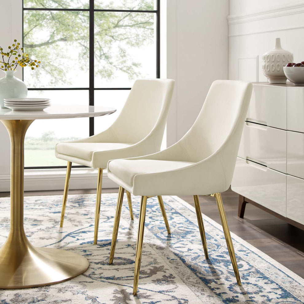 Side Dining Chair, Set of 2, Velvet, Metal, Gold Ivory White, Modern, Bistro