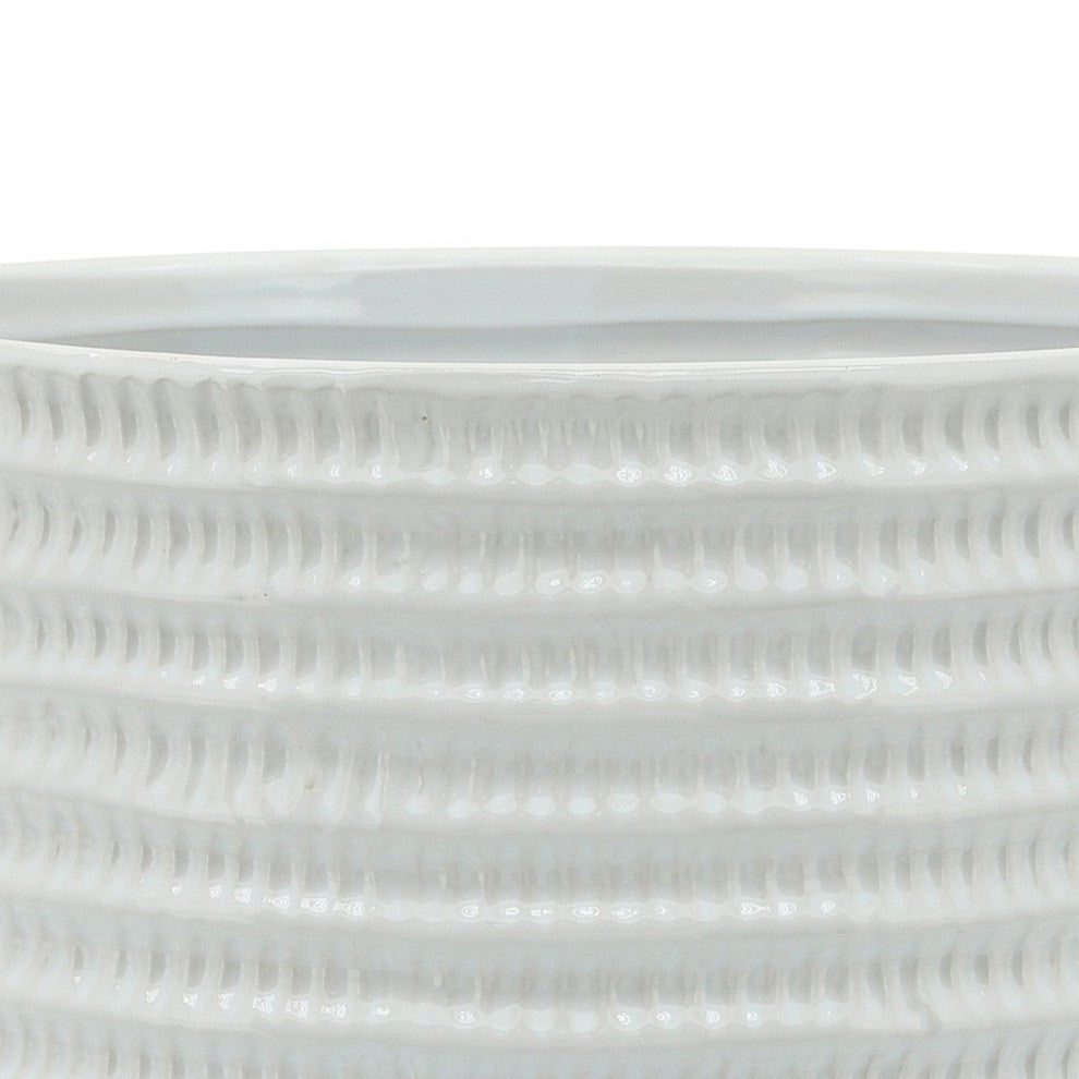 Ceramic Planter with Textured Pattern and Wooden Stand, White