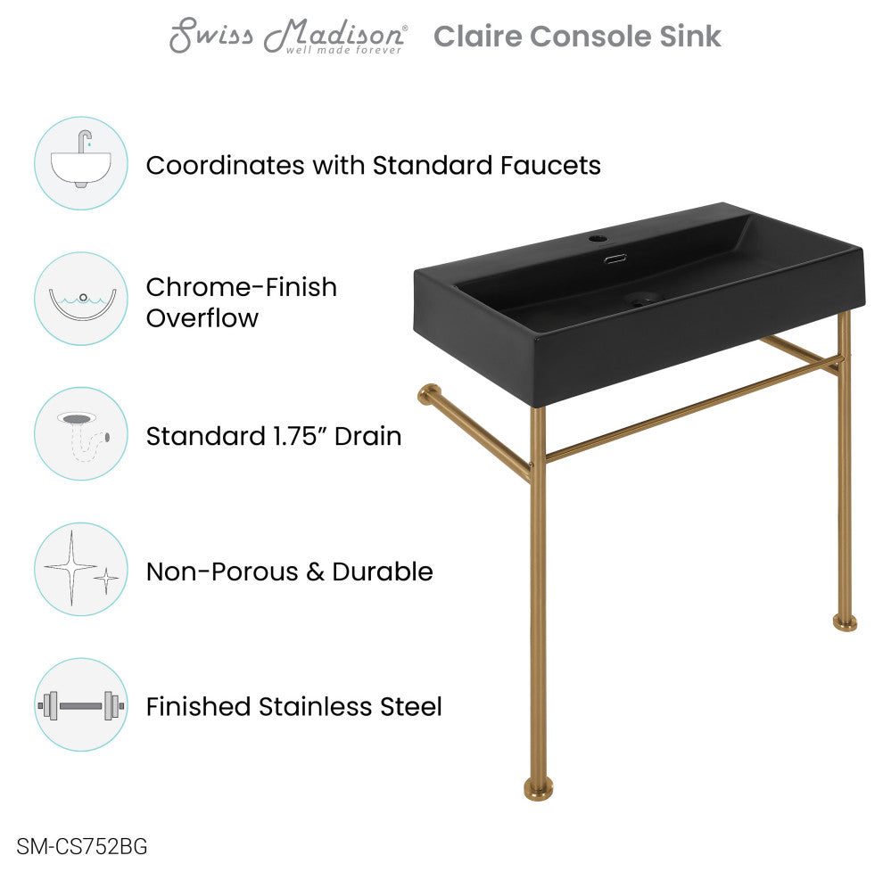 Carre 36" Ceramic Console Sink Matte Black Basin Gold Legs, Brushed Gold