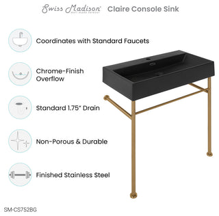Carre 36" Ceramic Console Sink Matte Black Basin Gold Legs, Brushed Gold