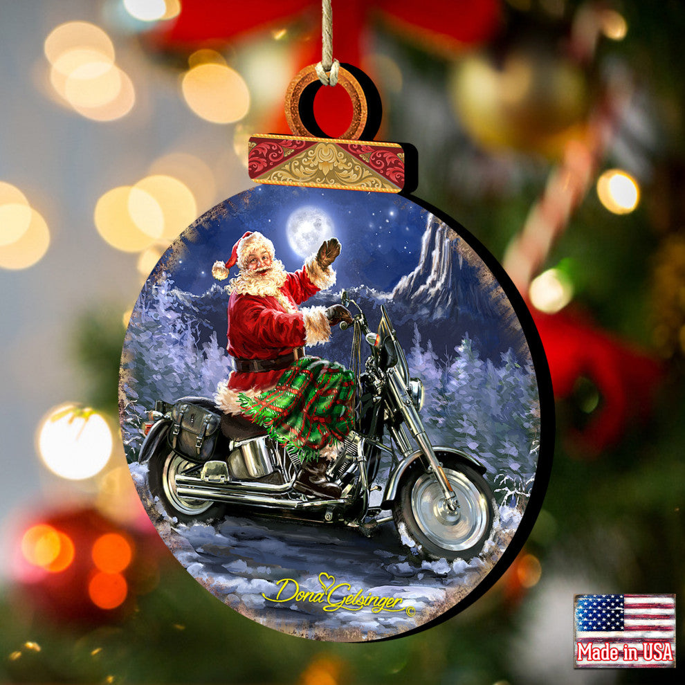 Santa Motorcycle Rider Wooden Ornament by Dona Gelsinger