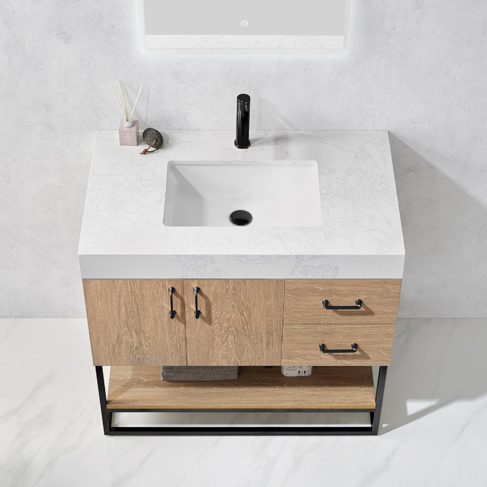 Alistair Vanity, North American Oak, Matte Black Hardware, 36", With Mirror