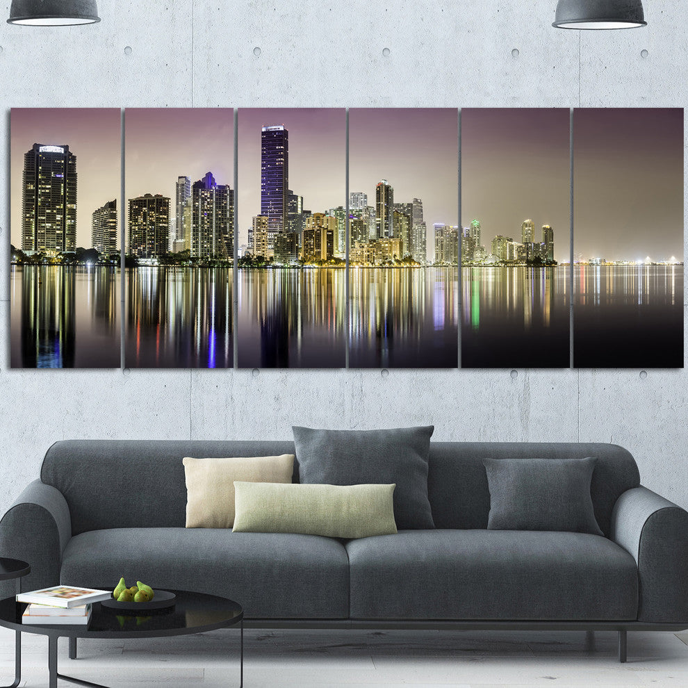 Miami Downtown Night Panorama, Canvas Print, 70"x28", 6 Panels