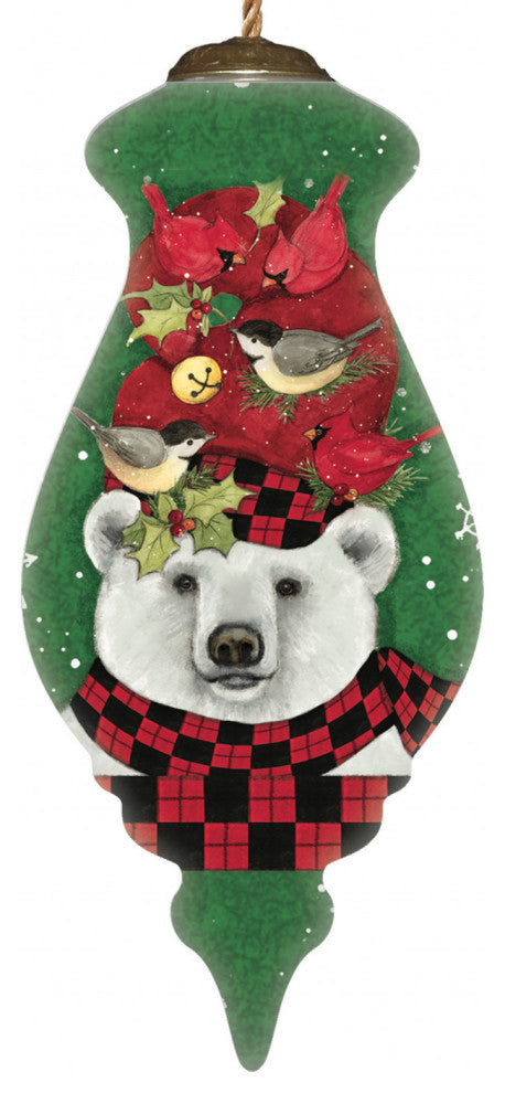 Christmas Plaid Polar Bear Hand Painted Mouth Blown Glass Ornament