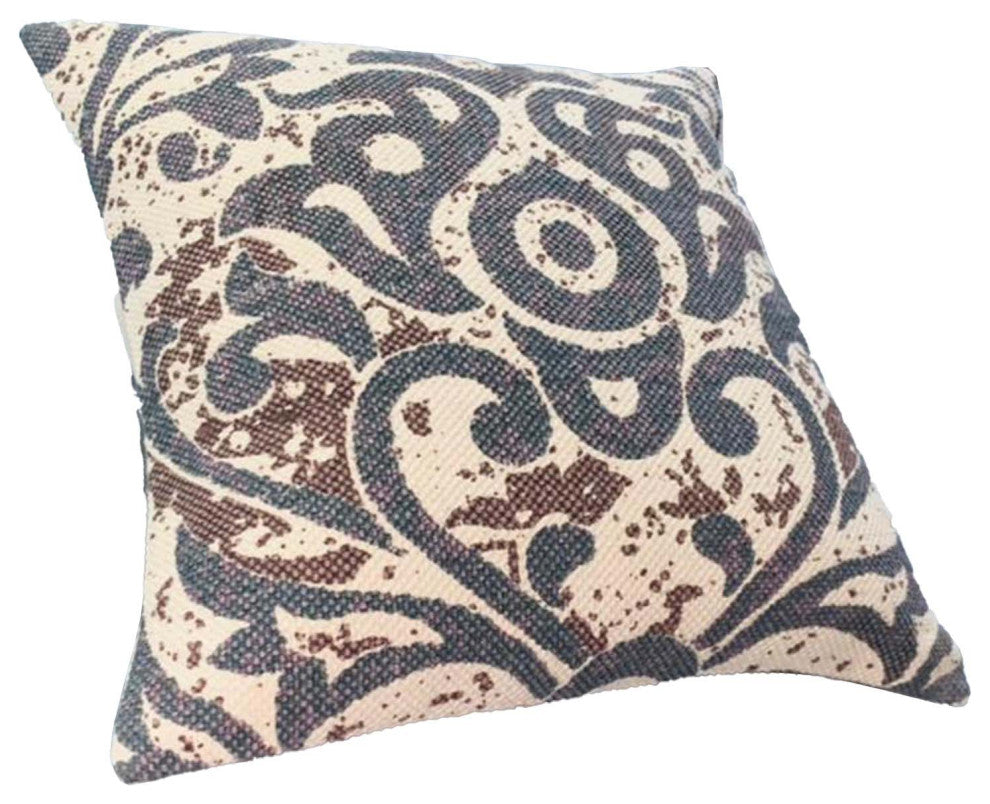 Benzara UPT-268963 Square Accent Throw Pillow, Damask Print, Cream/Blue