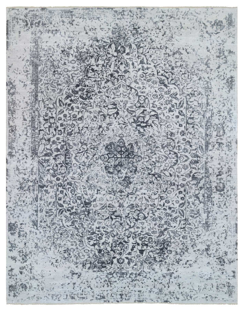 Gray Hand Knotted Erased Persian Design Wool and Silk Oversized Rug 14'2"x18'0"