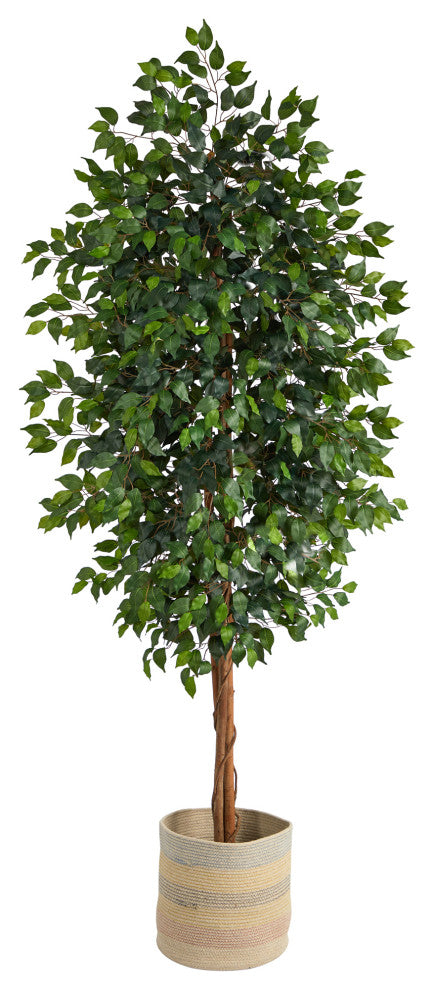 8' Ficus Artificial Tree With Handmade Natural Cotton Multicolored Woven Planter