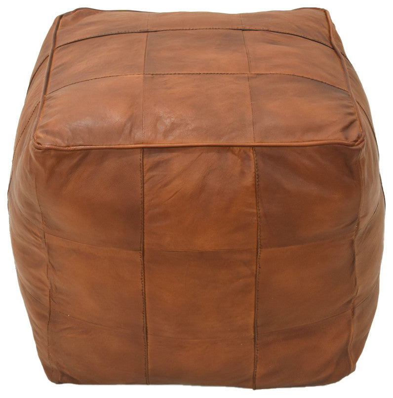 Geometric Handmade Leather Pouf, Recycled Foam With Fiber Fill, Cognac Color, Square, 16x16x16