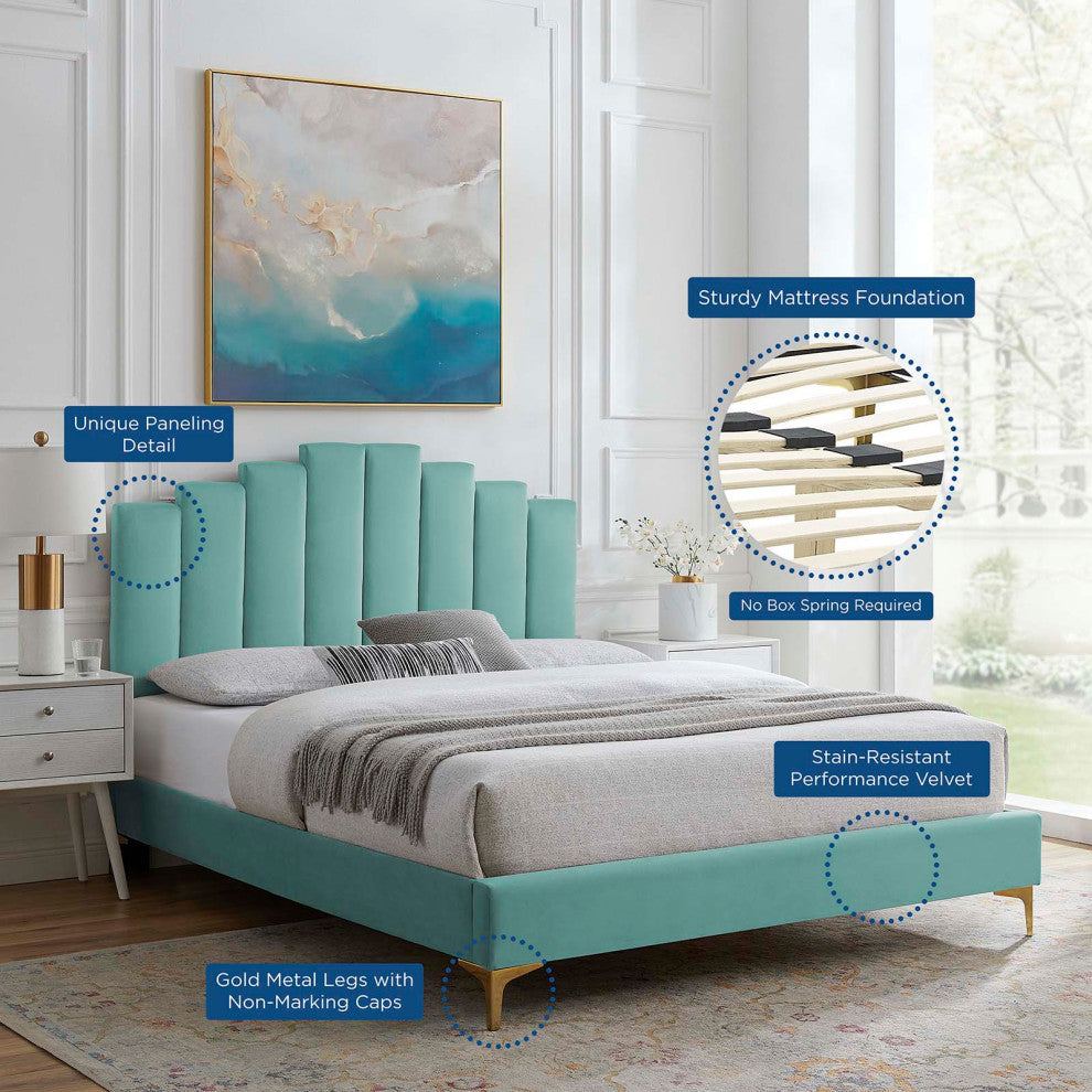 Platform Bed Frame, King Size, Velvet, Blue, Modern Contemporary, Bedroom Master