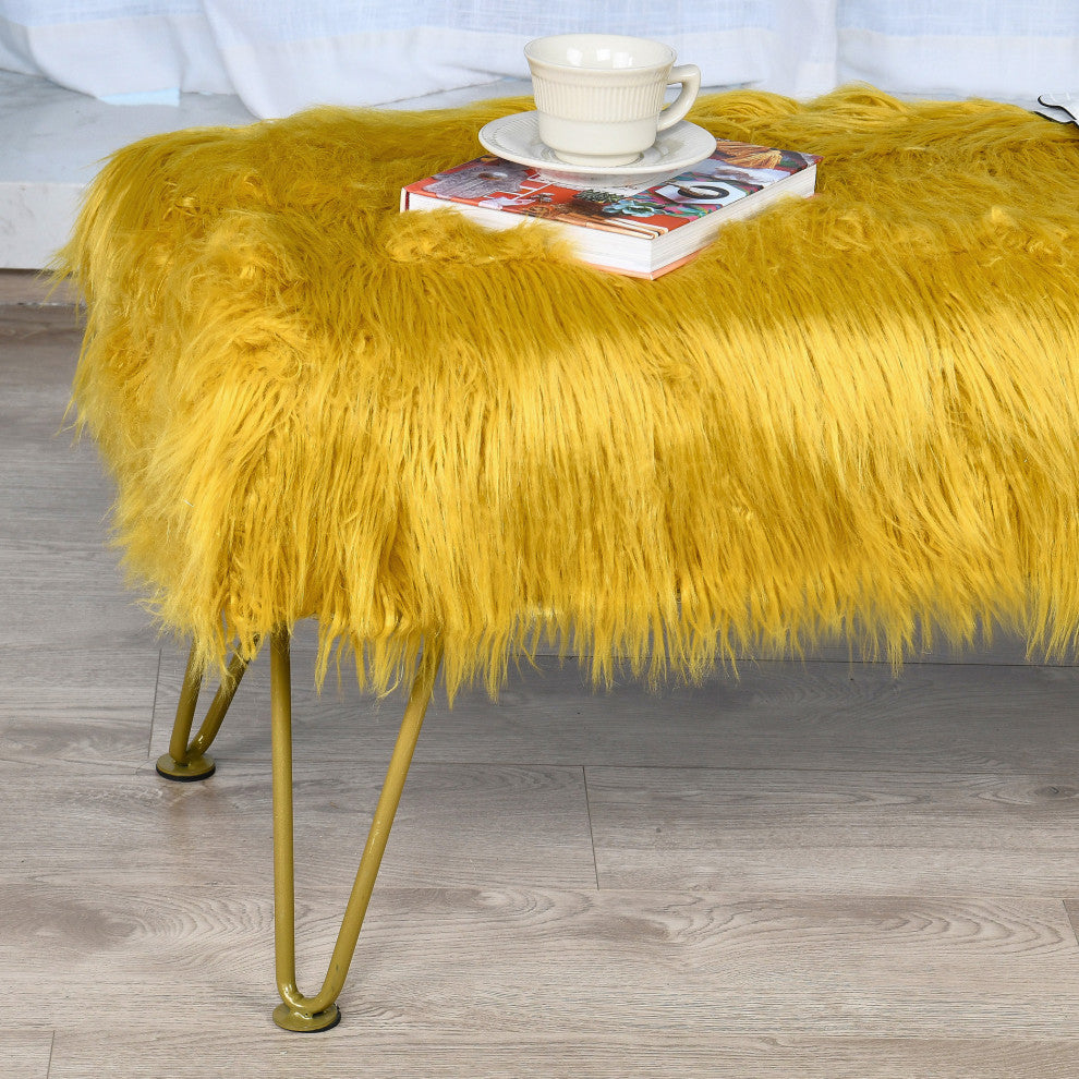Mongolian Faux Fur Upholstered Ottoman Bench, Lemon Curry, 46x16x22