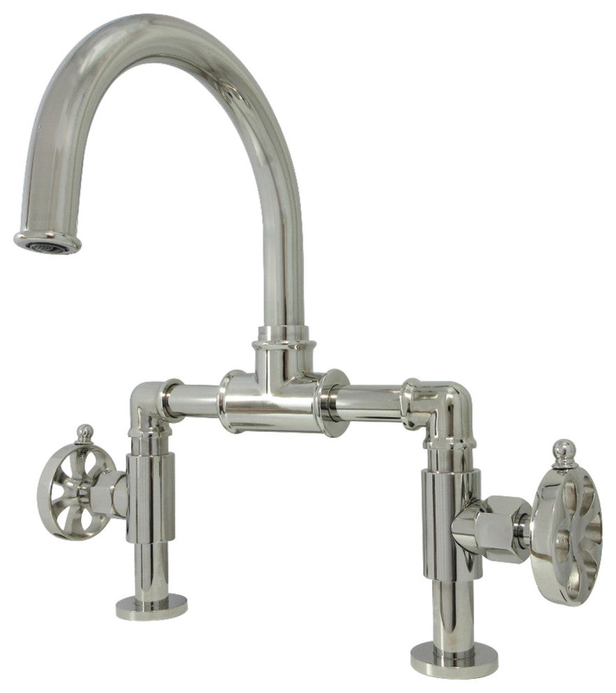Belknap Style Wheel Handle Bridge Bathroom Faucet With Drain, Polished Nickel