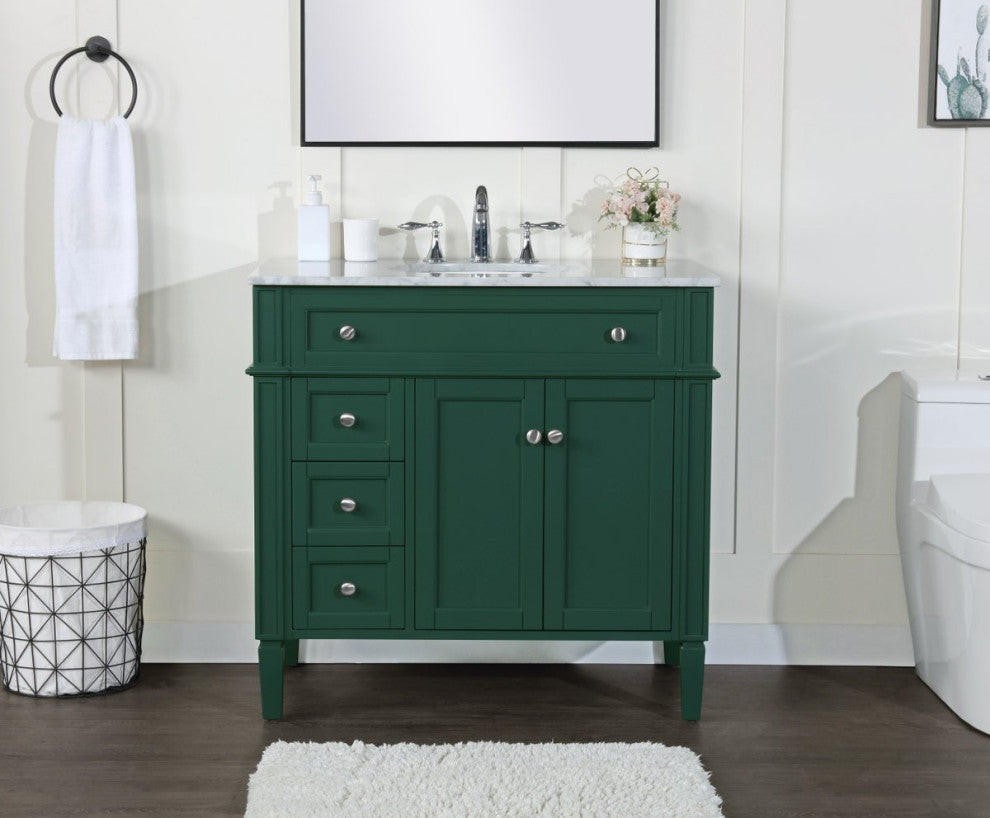 Home Living Vanity with Carrara White Marble Countertop, Green, 36", Single Sink