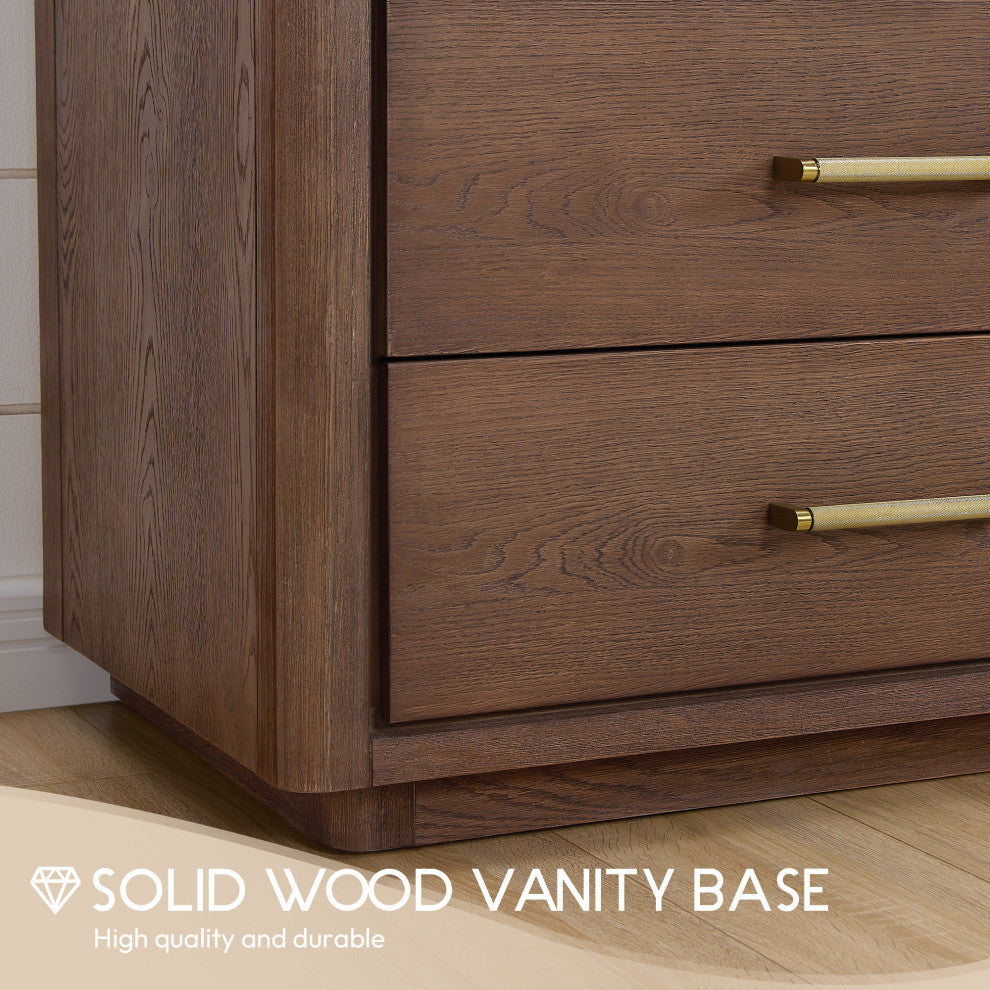 Porto Bath Vanity with White Quartz Stone Top, Dark Brown Oak, 72 in., No Mirror