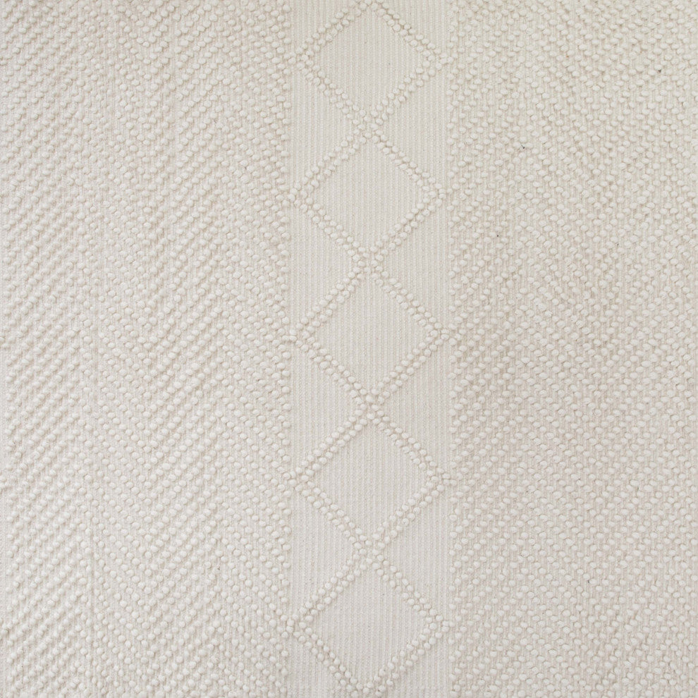 Geometric Handwoven Area Rug, Wool, Polyester, Cotton Blend, Ivory, White, 5x7