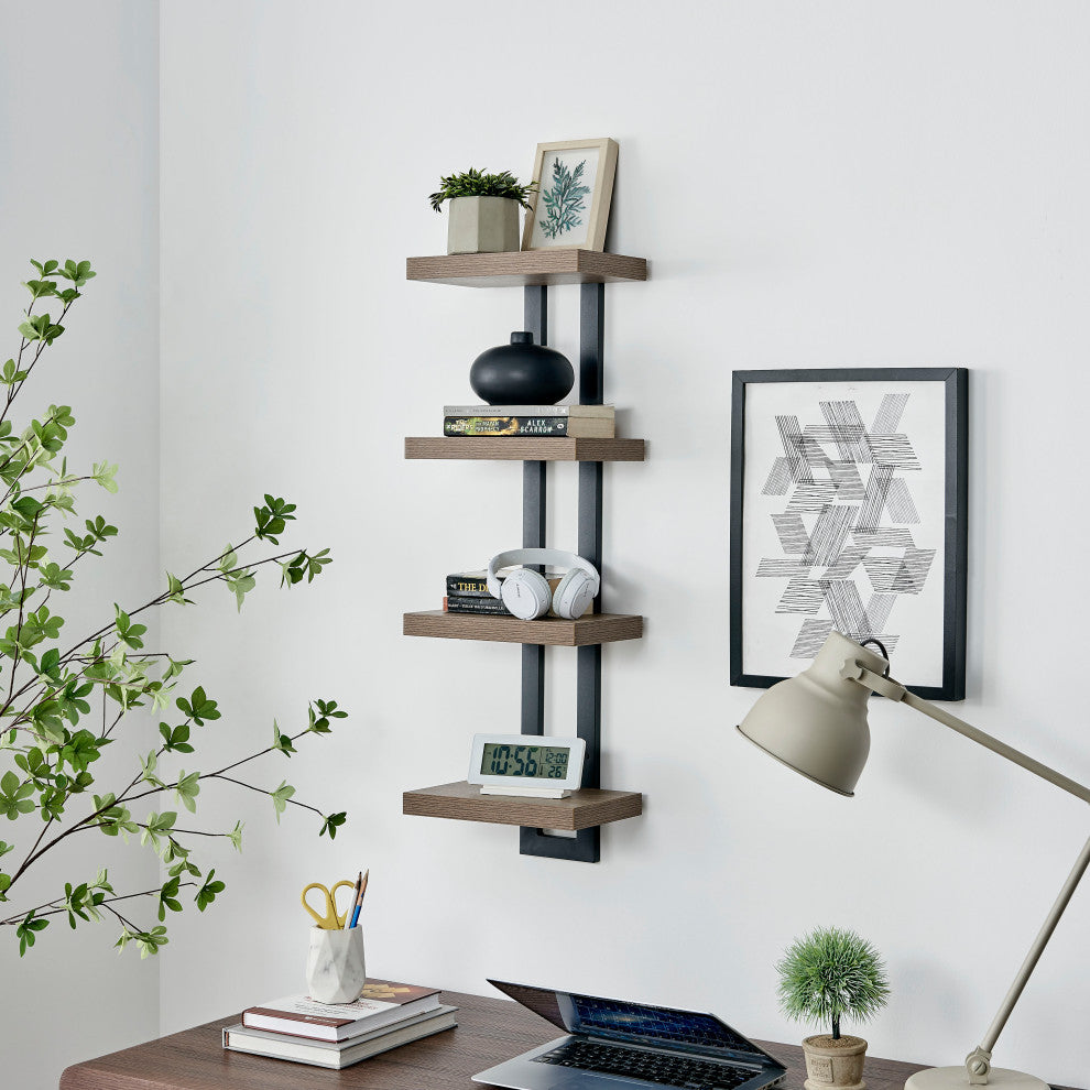 Danya B. 4-Tier Ladder Bracket Floating Wall Shelves Metal and MDF, Walnut