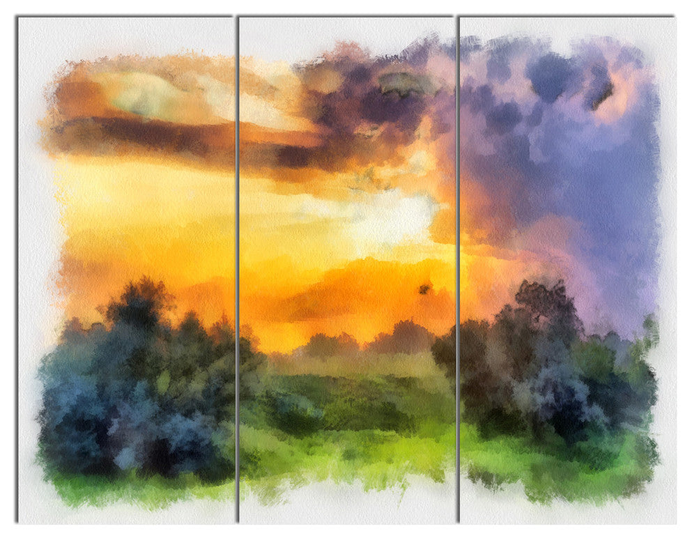Beautiful Landscape Watercolor, Landscape Canvas Wall Art, 36x28, 3 Panels