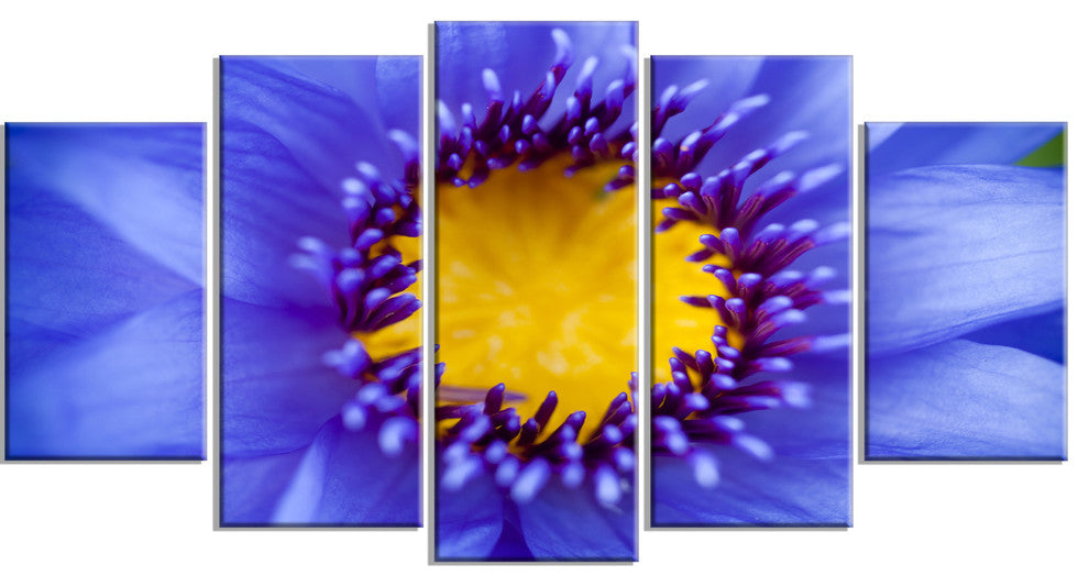 Blue Lotus Close up Watercolor, Flowers Canvas Wall Artwork, 60"x32", 5 Panels