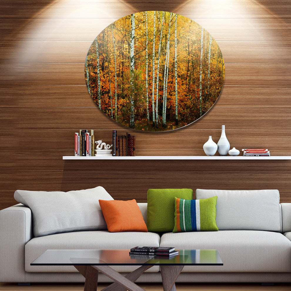 Yellow Colorful Autumn Forest, Modern Forest Round Metal Wall Art, 23"