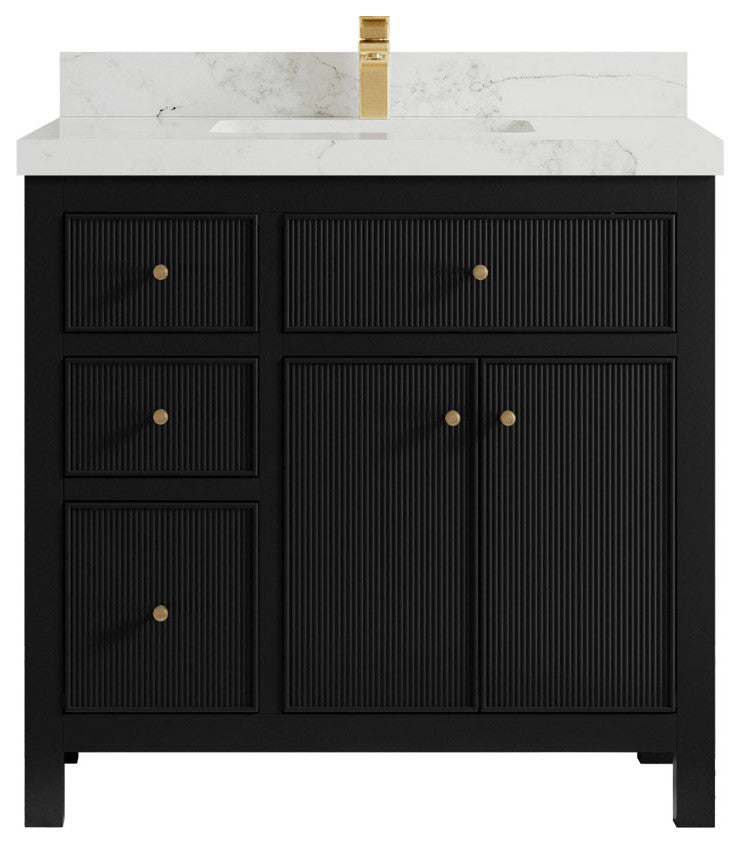 Sonoma 36 Center Sink Reeded Bath Vanity in Black 2" Calacatta Nuvo