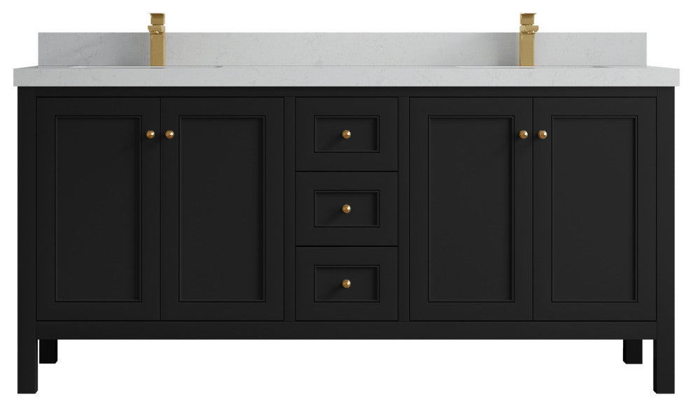 Nashville 72" Double Sink Bath Vanity, Black 2" Carrara Quartz