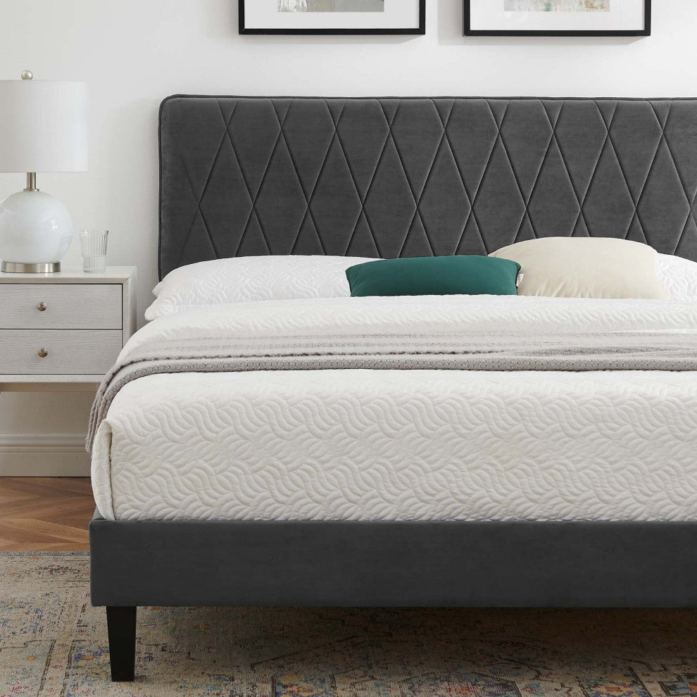 Platform Bed Frame, King Size, Velvet, Dark Gray, Modern Contemporary
