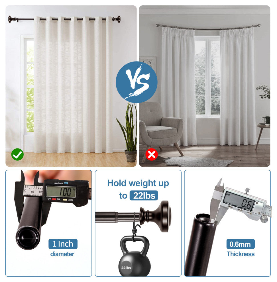 1" Semplice Drapery Curtain Rod, Bronze, 84"-120"