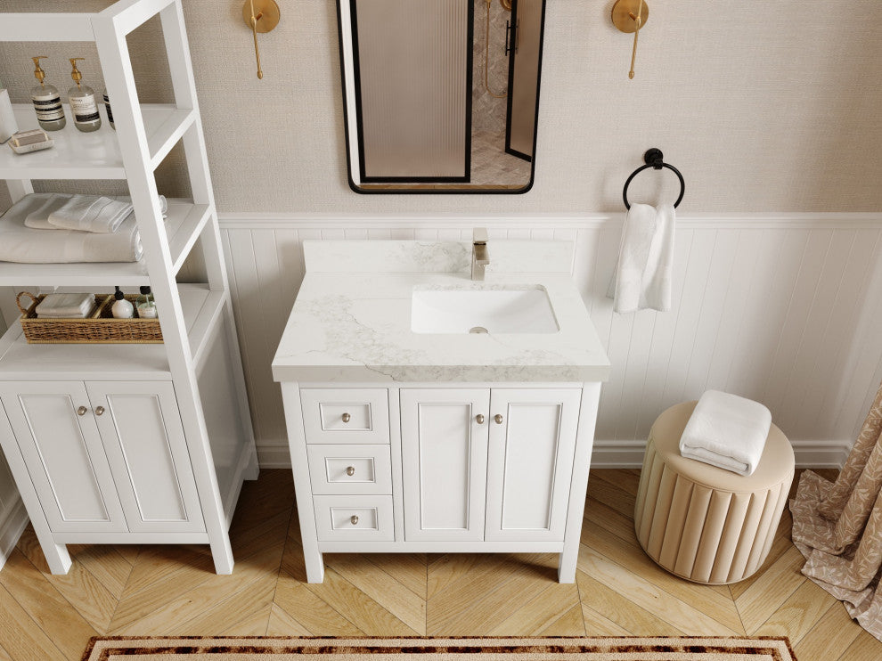 Nashville 36" Right Offset Bath Vanity, White 2" Calacatta Nuvo