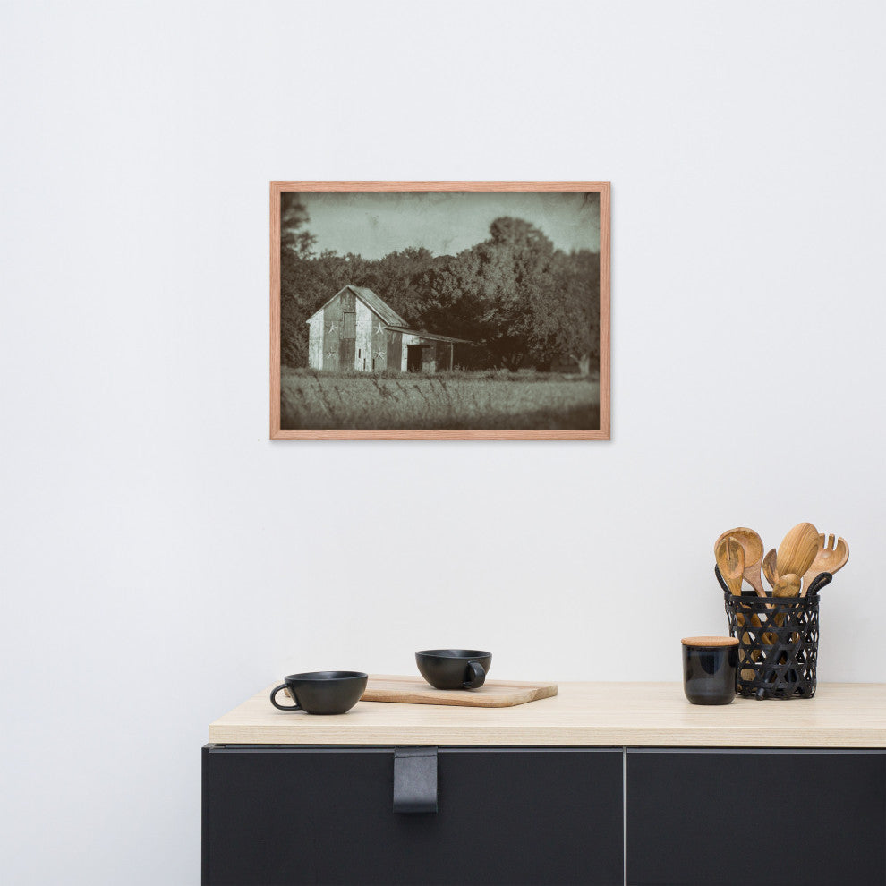 Patriotic Barn in Field Vintage Black and White Framed Photo Wall Art Print, Red Oak, 18" X 24"