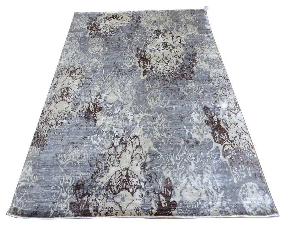 6x9 Handmade Gray Modern Abstract Oriental Rug With Silk