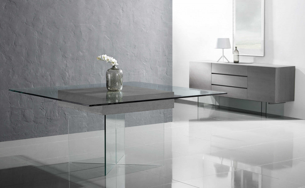 63" X 63" X 30" Gray Oak Veneer Glass Dining Table